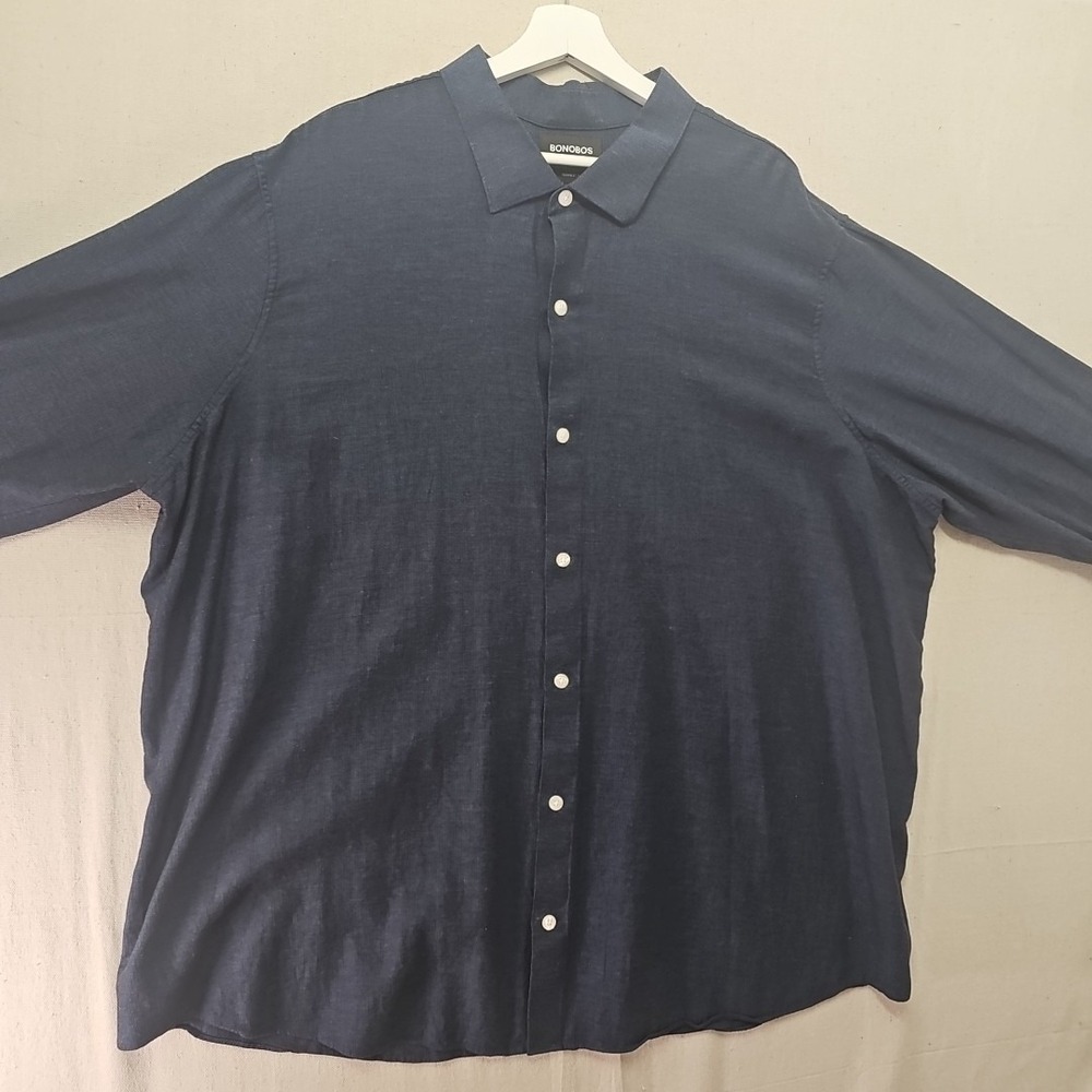 Bonobos Prominent Fit Long 3XL Button Up Solid Blue Long Sleeve 100% Cotton